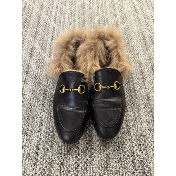 Gucci Black Leather Princetown Fur Lined Loafers Size 37 Made In Italy